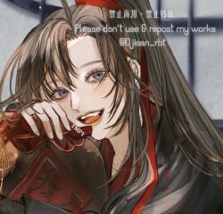 1boy ahoge artist_name bishounen black_hair black_hanfu brown_hair chinese_clothes eyelashes fang hair_ribbon hanfu holding holding_jug jug_(bottle) long_hair long_sleeves looking_at_viewer male_focus modao_zushi ojisan_rbt open_mouth ponytail purple_eyes red_ribbon ribbon sidelocks smile solo teeth tongue twitter_username upper_body watermark wei_wuxian window