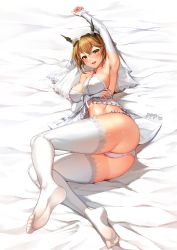 Rule 34 | 1girl, absurdres, anchor earrings, arm warmers, armpits, ass, blush, bra, breast lift, breasts, bridal veil, brown eyes, brown hair, cleavage, collarbone, earrings, feet, female focus, full body, hair between eyes, headgear, heart lock (kantai collection), highres, jai (whany1998), jewelry, kantai collection, large breasts, lips, looking at viewer, lying, mutsu (kancolle), navel, no shoes, on bed, on side, open mouth, panties, short hair, sideboob, smile, solo, thick thighs, thighhighs, thighs, toes, underwear, veil, white bra, white day, white panties, white thighhighs