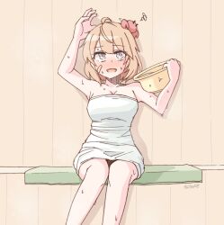 Rule 34 | 1girl, ahoge, animal, animal on head, bandaid, bandaid on face, basin, breasts, brown hair, cleavage, commentary, crab, crab on head, feet out of frame, grey eyes, highres, kantai collection, medium breasts, naked towel, oboro (kancolle), on head, short hair, smile, solo, sweat, symbol-only commentary, tatahai, towel