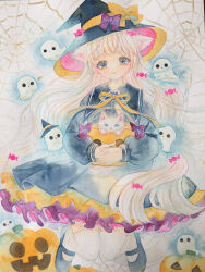 1girl absurdres amu_(m_aa) animal_ears bow bucket candy cat cat_ears cat_girl cat_tail closed_mouth collared_dress commentary dress food frilled_dress frills full_body ghost halloween halloween_bucket hat hat_bow highres holding holding_bucket long_hair long_sleeves looking_at_viewer mary_janes neck_ribbon orange_bow orange_ribbon original painting_(medium) petticoat purple_bow ribbon shoes silk smile solo spider_web tail thighhighs traditional_media very_long_hair watercolor_(medium) wavy_hair white_cat white_hair white_thighhighs witch witch_hat wrapped_candy yellow_eyes