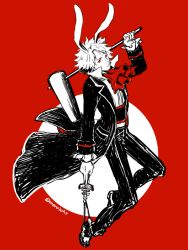 Rule 34 | 1boy, animal ears, ascot, black coat, classicaloid, closed mouth, coat, conductor baton, faux traditional media, full body, holding, holding baton, holding mallet, kine, long sleeves, ludwig van beethoven (classicaloid), male focus, mallet, monochrome, moroi (moroiohs), pants, rabbit ears, red background, red eyes, red theme, short hair, simple background, solo, spot color
