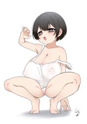 Rule 34 | 1girl, arm up, bags under eyes, black hair, blush, breasts, cleavage, cotobachi n, covered erect nipples, gluteal fold, huge breasts, off-shoulder shirt, off shoulder, open mouth, original, panties, partially visible vulva, pink eyes, shirt, short hair, shortstack, sleeveless, sleeveless shirt, solo, spread legs, squatting, tank top, underwear, white background, white panties, white shirt