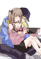 1boy 1girl alban_knox baseball_cap black_choker black_pants black_ribbon black_skirt blue_jacket bra brown_hair choker crossed_bangs crossed_legs flat_chest genderswap genderswap_(mtf) green_eyes grey_eyes groping hair_ornament hair_ribbon hat height_difference hetero heterochromia highres jacket long_hair manajiricyan nijisanji nijisanji_en nintendo_switch pants pink_jacket ribbon sidelocks sitting sitting_on_lap sitting_on_person sketch skirt socks sonny_brisko sonny_brisko_(2nd_costume) streetwear twintails underwear white_socks x_hair_ornament