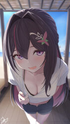 1girl absurdres arm_behind_back azki_(hololive) bikini bikini_under_clothes blue_shorts blurry blurry_background blush breasts brown_hair cleavage clothes_pull colored_inner_hair denim denim_shorts hair_ornament hairclip highres hishaku_(7stel2ar) hololive large_breasts looking_at_viewer mole mole_under_eye multicolored_hair open_mouth outdoors pink_eyes pink_hair shirt short_sleeves shorts smile solo streaked_hair swimsuit white_bikini white_shirt