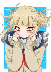 1girl blonde_hair blue_background blue_sailor_collar blunt_bangs blush boku_no_hero_academia border cardigan double_bun fangs hair_bun hands_on_own_face highres holding holding_knife knife long_sleeves looking_at_viewer messy_hair narrowed_eyes neckerchief red_neckerchief sailor_collar school_uniform serafuku shii_(shiii24) short_hair sidelocks slit_pupils smile solo teeth toga_himiko u.a._school_uniform white_border yellow_cardigan yellow_eyes