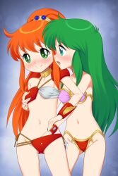 2girls armor ayanokouji_rem bare_shoulders bikini bikini_armor blue_eyes blush bracer breasts caron_(rall) commentary_request commission commissioner_upload covered_erect_nipples crossover dream_hunter_rem face-to-face fingering fugetsu_taku gluteal_fold grabbing_another&#039;s_breast green_eyes green_hair groin groping hand_in_bikini highres long_hair multiple_girls navel open_mouth orange_hair pink_bikini ponytail red_bikini sf_choujigen_densetsu_rall side-tie_bikini_bottom skeb_commission small_breasts smile swimsuit thighs trait_connection very_long_hair yuri