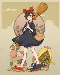 1girl bag baguette birdcage black_cat black_dress blue_eyes bow bread broom brown_background brown_hair cage cat commentary_request dress food full_body hair_bow highres holding holding_broom jiji_(majo_no_takkyuubin) kiki_(majo_no_takkyuubin) kokuya_(kokuya28) looking_at_viewer majo_no_takkyuubin paper_bag red_bow red_shoes shoes short_hair shoulder_bag smile solo standing walkie-talkie