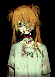 1girl bandaged_arm bandaged_hand bandaged_head bandaged_neck bandages black_background black_choker blood blood_on_clothes blood_on_face blue_eyes choker cigarette collarbone commentary eyepatch highres hogerarara long_hair looking_at_viewer neon_genesis_evangelion one_eye_covered orange_hair robe smoke smoking solo souryuu_asuka_langley standing twintails very_long_hair white_robe