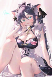 1girl animal_ear_fluff animal_ears apron bare_shoulders black_choker black_hair blush bob_628 breasts cat_ears choker collar commentary_request frilled_apron frilled_hairband frilled_skirt frills genshin_impact green_eyes hairband highres jewelry large_breasts maid maid_apron maid_headdress mona_(genshin_impact) skirt star_(symbol) thighs