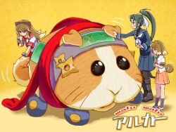 4girls animal_ears ankle_socks arcana_heart bangle black_boots black_eyes blue_serafuku blue_shirt blue_skirt blue_socks blush boots bracelet brown_eyes brown_fur brown_hair closed_mouth collar commentary_request dog_ears dog_girl dog_tail green_hair guinea_pig hair_bobbles hair_ornament hairband headband inuwaka_akane inuwaka_nazuna jewelry konoha_(arcana_heart) long_hair mano_hiroyuki mary_janes misono_gakuen_school_uniform molcar motor_vehicle multicolored_fur multicolored_hair multiple_girls necktie ninja orange_skirt pleated_skirt ponytail potato_(pui_pui_molcar) pui_pui_molcar purple_eyes purple_hairband red_necktie red_sailor_collar red_skirt sailor_collar scarf school_uniform serafuku shirt shoes short_hair shuriken simple_background skirt socks tail tokinomiya_kamui translation_request two-tone_hair very_long_hair weapon wheel white_fur white_hair white_shirt white_shoes yellow_background