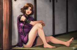 against_wall barefoot brown_eyes brown_hair feet japanese_clothes kimono leg_up legs lips lipstick makeup mitsuya sengoku_musou sitting tachibana_ginchiyo tatami thighs toes