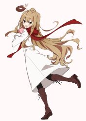 1girl aisaka_taiga boots brown_eyes brown_hair coat commentary_request donut food full_body highres long_hair mizuabi_kamome red_scarf scarf solo toradora! very_long_hair white_coat winter_clothes