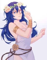 1girl absurdres armlet artist_request bare_arms bare_shoulders blue_eyes blue_hair bracelet breasts cleavage clenched_hands collarbone dress eyelashes female_focus fire_emblem fire_emblem_awakening fire_emblem_heroes flower gradient_background hair_between_eyes hair_flaps hair_flower hair_ornament hands_up highres index_finger_raised jewelry light_smile lips long_hair looking_at_viewer looking_to_the_side lucina_(fire_emblem) lucina_(valentine)_(fire_emblem) matching_hair/eyes neck nintendo no_bra official_alternate_costume parted_bangs rope_belt side_slit sidelocks sleeveless sleeveless_dress small_breasts standing sundress thighs white_dress
