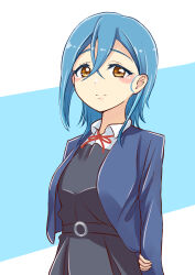 1girl absurdres aqua_background arms_behind_back blue_hair blue_jacket blush breasts closed_mouth collared_shirt cowboy_shot crossed_bangs dress dress_shirt grey_dress hair_between_eyes highres jacket long_sleeves looking_at_viewer love_live! love_live!_superstar!! medium_breasts medium_hair neck_ribbon open_clothes open_jacket orange_eyes red_ribbon ribbon school_uniform shirt solo standing two-tone_background wakana_shiki white_background white_shirt yamachi_yakiudon yuigaoka_school_uniform