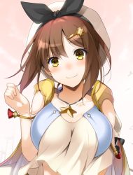 1girl atelier_(series) atelier_ryza atelier_ryza_1 beret breasts brown_hair collarbone commentary_request doria_(p_f_dolia) female_focus hair_between_eyes hair_ornament hat large_breasts looking_at_viewer reisalin_stout short_hair sidelocks simple_background sleeveless smile solo star_(symbol) star_hair_ornament swept_bangs upper_body vest yellow_eyes yellow_vest