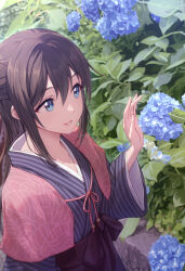 1girl blue_eyes blue_flower blue_kimono brown_hair capelet commentary flower hand_up highres hydrangea japanese_clothes kimono long_hair love_live! love_live!_nijigasaki_high_school_idol_club osaka_shizuku outdoors parted_lips red_capelet shamakho signature watermark