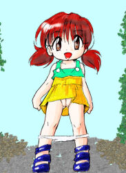 1girl blue_shoes brown_eyes collarbone dress flat_chest loli long_hair looking_at_viewer low_twintails manoyuya_(artist) open_mouth original panties panty_pull pussy red_hair shoes sky sleeveless sleeveless_dress smile standing tree twintails underwear white_panties yellow_dress