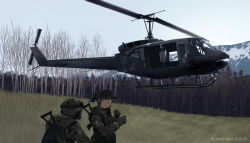 1girl 2others aircraft artist_name assault_rifle baseball_cap black_hair blue_sky bundeswehr camouflage dated dead-robot germany grass gun hat helicopter helmet leaf long_sleeves looking_at_another military military_hat mixed-language_commentary mountain multiple_others original patch ponytail rifle scenery sky soldier takeoff tree uh-1_iroquois vehicle_focus watermark weapon weapon_on_back