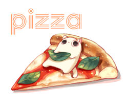 cat commentary food food_focus food_name leaf no_humans original pizza simple_background suzaku_(zaku6584) white_background