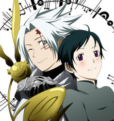 1boy 1girl 1other ahoge allen_walker black_shirt black_stripes blush cloak collared_cloak collared_shirt creature creature_on_shoulder cross d.gray-man earrings facial_mark golem_(d.gray-man) green_hair green_shirt grey_eyes grey_mask grin horns jewelry lenalee_lee looking_at_viewer mandarin_collar mask musical_note musical_note_print on_shoulder one_eye_closed pixie_cut purple_eyes scar scar_across_eye scar_on_face sempronwu shirt short_hair sidelocks smile spiked_hair star_(symbol) star_facial_mark striped_background stud_earrings tail timcanpy turtleneck turtleneck_shirt unworn_mask white_background white_cloak white_hair wings