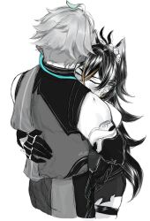 1boy 1girl 4reiji absurdres ahoge alhaitham_(genshin_impact) bare_shoulders black_gloves black_hair black_shirt blonde_hair blonde_streaks blush closed_eyes couple cowboy_shot crossed_bangs dehya_(genshin_impact) elbow_gloves genshin_impact gloves gradient_hair green_hair grey_hair hair_between_eyes hair_ears head_hug hetero highres long_hair multicolored_hair pants shirt short_hair simple_background skindentation spot_color thigh_strap torn_clothes torn_pants twitter_username very_long_hair white_background