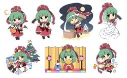 1girl absurdres black_footwear blush boots bow box candy christmas_tree closed_eyes commission crescent_moon dango dress folding_fan food frilled_bow frilled_dress frilled_ribbon frills front_ponytail gift gift_box green_eyes green_hair hair_bow hair_ribbon hand_fan highres holding holding_candy holding_fan holding_food holding_lantern jack-o&#039;-lantern kagiyama_hina kine lantern long_hair mallet moon multiple_views open_mouth pixiv_commission ramudia_(lamyun) red_bow red_dress red_ribbon ribbon short_sleeves smile touhou transparent_background tsukimi_dango wagashi white_dress