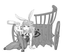1girl alcohol animal_ears breasts drunk fake_animal_ears full_body granblue_fantasy greyscale harvin leotard long_hair looking_at_viewer mimlememel monochrome open_mouth pantyhose playboy_bunny pointy_ears rabbit_ears sitting small_breasts solo transparent_background yggsil