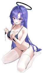 1girl bikini black_bikini blue_archive blush breasts commentary_request halo hido88 highres holding holding_panties holding_underwear holding_unworn_clothes large_breasts long_hair looking_at_viewer mechanical_halo navel no_shoes open_mouth panties purple_eyes purple_hair seiza simple_background sitting solo stomach swimsuit thighhighs thighs underwear very_long_hair white_background white_thighhighs yuuka_(blue_archive)