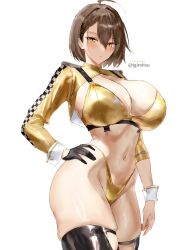 1girl absurdres ahoge alternate_costume azur_lane baltimore_(azur_lane) baltimore_(finish_line_flagbearer)_(azur_lane) bikini black_gloves black_thighhighs blush breasts brown_hair cleavage closed_mouth commentary_request cropped_jacket gloves hair_behind_ear hand_on_own_hip highleg highleg_bikini highres huge_breasts igiroitsu jacket looking_at_viewer navel race_queen short_hair simple_background skindentation solo swimsuit thighhighs twitter_username white_background wrist_cuffs yellow_eyes yellow_jacket