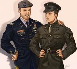 2boys beard belobutcooler belt beret black_hat black_jacket black_necktie blonde_hair blue_eyes blue_pants breast_pocket brown_belt brown_hair bucky_barnes buttons captain_america:_the_first_avenger captain_america_(series) collared_shirt cowboy_shot facial_hair fingernails green_jacket green_shirt grey_hat hand_on_own_hip hands_on_own_hips hat highres jacket john_walker_(marvel) lapels lips long_sleeves looking_at_another male_focus marvel marvel_cinematic_universe medal military_hat military_jacket military_uniform multiple_boys necktie open_mouth pants pocket shadow shirt short_hair signature simple_background smile standing teeth the_falcon_and_the_winter_soldier white_background white_shirt yellow_necktie