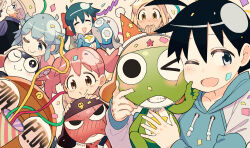 &gt;_o 2019 2boys 3girls angol_mois azumaya_koyuki black_hair blonde_hair blue_hair confetti dated dororo_(keroro_gunsou) giroro hat highres hinata_fuyuki hinata_natsumi holding holding_party_popper houjou_mutsumi keroro keroro_gunsou kururu_(keroro_gunsou) multiple_boys multiple_girls nishizawa_momoka one_eye_closed party_hat party_popper pink_hair streamers tamama yukkeroro