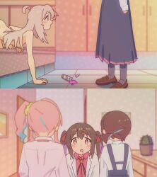 4girls :o absurdres ahoge all_fours black_hair black_pantyhose black_skirt blue_hair blush blush_stickers bolo_tie bottle breasts brown_eyes brown_hair brown_shoes cactus clothed_female_nude_female commentary completely_nude doorway from_side grey_hair hair_ornament hair_scrunchie hairclip highres hozuki_kaede hozuki_momiji implied_futanari implied_sex indoors katsukareraisu loafers long_hair meme multicolored_hair multiple_girls nude onii-chan_wa_oshimai! open_mouth oyama_mahiro oyama_mihari pantyhose parody pink_hair pink_shirt plant pleated_skirt ponytail potted_plant purple_hair red_shirt scrunchie shirt shoes short_hair short_ponytail siblings side_ponytail sisters skirt small_breasts spill suspender_skirt suspenders tile_floor tiles twintails two-tone_hair white_shirt yosuga_no_sora yosuga_no_sora_door_scene_(meme)