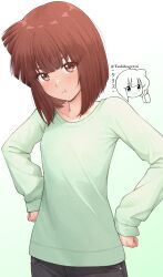 1girl :t aizawa_eiko blush brown_eyes brown_hair collarbone gradient_background green_background green_shirt hands_on_own_hips highres kurumimi_birb long_sleeves looking_at_viewer shinryaku!_ikamusume shirt short_hair solo