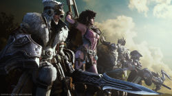 2boys 2girls 3d armor armpits beard belt black_hair boots bowgun braid braided_beard breasts cloud coat facial_hair fake_horns fur_coat gloves hat helmet highres horned_helmet horns long_hair monster_hunter:_world monster_hunter_(series) multiple_boys multiple_girls official_art shield sky sword thigh_boots thighhighs weapon