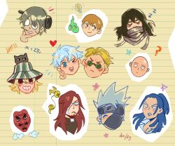 6+boys ? andythelemon anger_vein annoyed bald black_cat bleach blonde_hair blue_eyes blue_hair boku_no_hero_academia cat chibi cigarette closed_eyes cross_marian d.gray-man ekubo_(mob_psycho_100) aizawa_shota flower forehead_protector franken_stein_(soul_eater) glasses goggles gojou_satoru grey_hair hat hatake_kakashi headband heart jujutsu_kaisen kimetsu_no_yaiba konohagakure_symbol light_blush light_bulb long_hair luo_xiaohei_zhanji mask mob_psycho_100 multiple_boys nanami_kento naruto naruto_(series) naruto_shippuuden one-punch_man one_eye_closed orange_hair pale_skin ponytail red_hair reigen_arataka saitama_(one-punch_man) scar scar_on_face short_hair sleeping smile soul_eater spirit tattoo urahara_kisuke urokodaki_sakonji white_hair wink wuxian_(the_legend_of_luoxiaohei) zzz