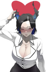 1girl absurdres asymmetrical_horns black_hair black_skirt blue_eyes blush breasts cleavage colored_inner_hair glasses heart highres hololive hololive_english horns jewelry large_breasts mei_puru29 mole mole_under_eye multicolored_hair necklace nerissa_ravencroft nerissa_ravencroft_(casual) office_lady official_alternate_costume official_alternate_hair_length official_alternate_hairstyle open_mouth red_eyes shiny_forehead shirt simple_background skirt solo virtual_youtuber white_background white_shirt