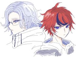 ahoge aotsuki_eito blue_eyes blue_hair closed_mouth drawstring eyelashes frown glasses hoodie jacket looking_at_viewer messy_hair multicolored_hair parted_hair red_hair simple_background sumino_takumi the_hundred_line_-last_defense_academy- upper_body white_background white_hair white_hoodie white_jacket zipper_pull_tab