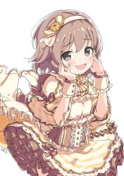 Rule 34 | 1girl, bow, bowtie, brooch, brown eyes, brown hair, dress, dress bow, furrowed brow, hair between eyes, hairband, hands on own cheeks, hands on own face, idolmaster, idolmaster cinderella girls, jewelry, kita hinako, kuresuku (lessons), long sleeves, looking at viewer, medium hair, open mouth, petticoat, pink bow, pink bowtie, smile, solo, two-tone bow, two-tone bowtie, white background, wide sleeves, wrist cuffs, yellow bow, yellow bowtie, yellow dress, yellow hairband, yellow wrist cuffs