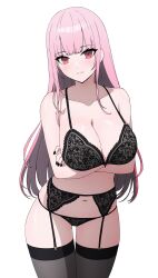 1girl absurdres arms_under_breasts black_bra black_garter_belt black_garter_straps black_nails black_panties black_thighhighs blush bra breasts cleavage closed_mouth collarbone commentary commission crossed_arms daydarion english_commentary fingernails garter_belt garter_straps highres hololive hololive_english huge_breasts lace lace_bra lace_garter_belt lingerie long_hair looking_at_viewer mori_calliope nail_polish navel panties pink_hair simple_background solo stomach thighhighs thighs underwear underwear_only virtual_youtuber white_background