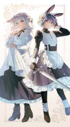 2boys absurdres animal_ears black_gloves blue_eyes blue_hair brown_shoes crossdressing crossdressing_(mtf) dark-skinned_male dark_skin full_body gloves grin hat heterochromia highres holding holding_sword holding_weapon lella_nyam looking_at_viewer maid maid_headdress male_focus male_maid metaphor:_refantazio mob_cap multiple_boys protagonist_(metaphor:_refantazio) rabbit_boy rabbit_ears rabbit_tail shoes smile sword tail the_prince_(metaphor:_refantazio) weapon white_hair yellow_eyes