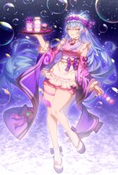 1girl absurdres apron bare_legs blue_hair breasts bubble commentary dango dango_milk_(genshin_impact) detached_sleeves dress earrings flower_earrings food full_body genshin_impact highres holding holding_food holding_tray jewelry legs long_hair long_sleeves looking_at_viewer maid maid_headdress medium_breasts nail_polish parted_lips pink_dress pointy_ears purple_nails purple_tail sandals sanshoku_dango slowfrost smile socks solo symbol-shaped_pupils tail tail_around_own_leg tray very_long_hair wa_maid wagashi waist_apron white_socks yumemizuki_mizuki