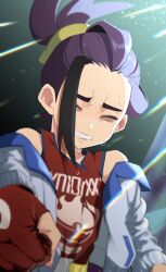 1boy bare_shoulders biting_own_lip black_hair clenched_hand clenched_teeth closed_eyes commentary_request fingerless_gloves glove_cutout gloves hair_up highres jacket kieran_(pokemon) kooda league_club_uniform male_focus multicolored_hair nintendo pokemon pokemon_sv purple_hair red_gloves red_shirt shirt sleeveless sleeveless_shirt solo teeth upper_body white_jacket