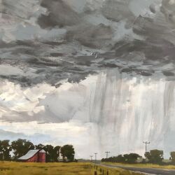absurdres acrylic_paint_(medium) barn cloud commentary day distant english_commentary fence field highres jimmusilpainter landscape nature no_humans original outdoors painting_(medium) plain road storm traditional_media utility_pole wide_shot wooden_fence