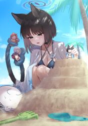1boy 1girl absurdres bikini black_bikini black_choker black_hair black_tail blue_archive blue_bikini blue_halo blue_sky blue_tail blush breasts character_doll choker cleavage cloud cloudy_sky commentary_request criss-cross_halter day doll doodle_sensei_(blue_archive) gradient_tail halo halterneck haori highres japanese_clothes kikyou_(blue_archive) kikyou_(swimsuit)_(blue_archive) layered_bikini looking_at_another medium_breasts multiple_tails nagusa_(blue_archive) nagusa_(swimsuit)_(blue_archive) official_alternate_costume open_mouth partially_buried pizza_(pizzania_company) renge_(blue_archive) renge_(swimsuit)_(blue_archive) revision sand_sculpture sensei_(blue_archive) short_hair sky smile squatting sweat swimsuit tail two_tails white_haori yukari_(blue_archive) yukari_(swimsuit)_(blue_archive)