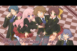1girl 3boys baka_to_test_to_shoukanjuu blood blue_eyes blue_hair blush brown_hair camera glasses green_eyes happy_valentine himeji_mizuki kubo_toshimitsu letterboxed multiple_boys nosebleed pink_hair school_uniform shimada_minami skirt suien valentine yoshii_akihisa