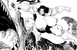 1girl black_hair breasts claws completely_nude dinosaur fighting fingernails gigantic_breasts grappler_baki leaf monochrome muscular muscular_female nipple_slip nipples nude open_mouth outdoors pickle_(grappler_baki) sharp_fingernails sharp_teeth shincoconuttsu short_hair teeth thick_thighs thighs tongue topless_female