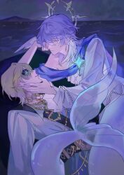 2boys absurdres alternate_costume alternate_species aventurine_(honkai:_star_rail) belt blonde_hair blue_sash bracelet closed_mouth colored_eyelashes commentary earrings english_commentary eyepatch feathered_wings grey_hair hair_between_eyes halo halo_behind_head hand_on_another&#039;s_face hand_up head_rest head_wings highres honkai:_star_rail honkai_(series) jewel_under_eye jewelry looking_at_another lying male_focus medium_hair merman monster_boy mountainous_horizon multiple_boys necklace night ocean official_alternate_costume on_back on_side outdoors parted_lips pearl_bracelet piercing sam_browne_belt saru_youichi sash shell shirt single_bare_shoulder single_sleeve spiked_halo sunday_(honkai:_star_rail) water white_shirt white_wings wing_piercing wings yaoi yellow_eyes