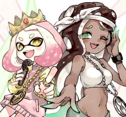 2girls :d ;d aqua_hair aqua_skin bandana bare_shoulders breasts bright_pupils brown_hair cephalopod_eyes colored_skin crop_top cross-shaped_pupils crown dark-skinned_female dark_skin eyes_visible_through_hair furrowed_brow gradient_hair gradient_skin groin hand_up headphones highres holding holding_microphone hood hood_up hoodie horizontal_pupils index_finger_raised inkling jewelry long_hair long_sleeves marina_(dj_hyperfresh)_(splatoon) marina_(splatoon) medallion medium_breasts medium_hair microphone mole mole_under_mouth multicolored_hair multicolored_skin multiple_girls multiple_rings navel_piercing nintendo octoling one_eye_closed open_mouth outstretched_arm pearl_(mc.princess)_(splatoon) pearl_(splatoon) piercing pink_hair pink_pupils plum0o0 ring shirt short_eyebrows sleeveless sleeveless_shirt smile splatoon_(series) splatoon_2 splatoon_2:_octo_expansion suction_cups symbol-shaped_pupils two-tone_hair two-tone_skin very_long_hair white_bandana white_hair white_pupils white_shirt yellow_eyes