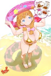 1girl arms_up bare_arms bare_shoulders beach bikini blue_eyes borrowed_character bow braid breasts bright_pupils cleavage commentary_request dot_nose drooling english_text from_above full_body gold_bikini grin hair_bow half-closed_eyes highres holding holding_swim_ring innertube large_breasts legs_together long_hair looking_to_the_side mamorunokoto maria_(conto) mixed-language_text orange_hair original outdoors pink_bow romaji_text sand sandals smile solo speech_bubble standing swim_ring swimsuit thick_eyebrows twin_braids water white_pupils white_sandals
