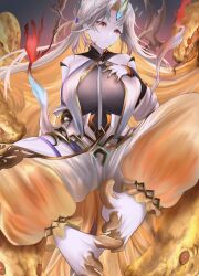 1girl absurdres breasts broken_halo feet fire fire_emblem fire_emblem_heroes grey_hair gullveig_(fire_emblem) gullveig_(seer_beyond_time)_(fire_emblem) halo highres large_breasts long_hair looking_at_viewer nenemu0 nintendo oni_horn pale_skin red_eyes snake_hair solo tagme